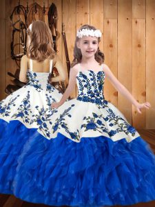 Perfect Ball Gowns Glitz Pageant Dress Blue And White Straps Organza Sleeveless Floor Length Lace Up