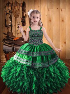 Dark Green Sleeveless Beading and Appliques Floor Length Pageant Gowns For Girls
