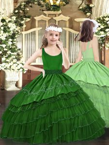 Inexpensive Organza Scoop Sleeveless Zipper Beading and Embroidery and Ruffled Layers Little Girls Pageant Gowns in Dark