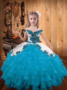 Customized Embroidery and Ruffled Layers Pageant Gowns Teal Lace Up Sleeveless Floor Length