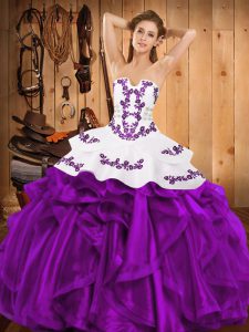 Pretty Eggplant Purple Satin and Organza Lace Up Strapless Sleeveless Floor Length Quinceanera Gown Embroidery and Ruffl