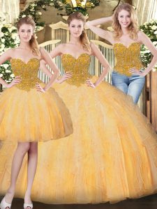 Gold Ball Gowns Sweetheart Sleeveless Tulle Floor Length Lace Up Beading and Ruffles Quinceanera Gown