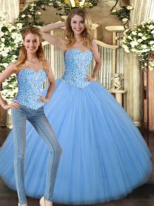Sweet Beading 15th Birthday Dress Baby Blue Lace Up Sleeveless Floor Length