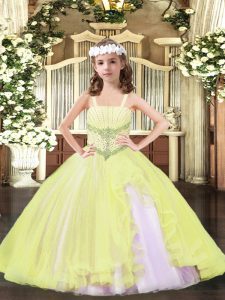 Popular Floor Length Light Yellow Little Girl Pageant Dress Straps Sleeveless Lace Up