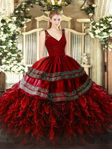 Wine Red Ball Gowns Beading and Appliques and Ruffles Quince Ball Gowns Zipper Organza Sleeveless Floor Length