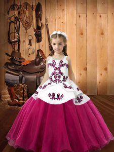Superior Embroidery Little Girls Pageant Dress Wholesale Fuchsia Lace Up Sleeveless Floor Length