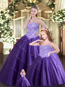Great Purple Ball Gowns Sweetheart Sleeveless Tulle Floor Length Lace Up Beading Sweet 16 Quinceanera Dress