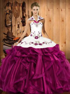 Delicate Sleeveless Organza Floor Length Lace Up 15th Birthday Dress in Fuchsia with Embroidery and Ruffles
