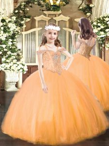 Orange Sleeveless Beading Floor Length Little Girl Pageant Gowns