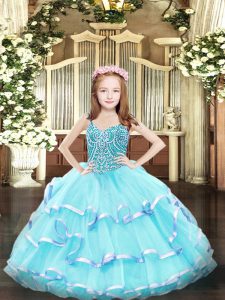 Cheap Aqua Blue Lace Up Straps Beading and Ruffled Layers Little Girls Pageant Gowns Organza Sleeveless