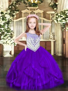 Sleeveless Floor Length Beading and Ruffles Zipper Kids Formal Wear with Purple