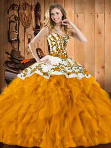 Inexpensive Ball Gowns 15 Quinceanera Dress Gold Sweetheart Satin and Organza Sleeveless Floor Length Lace Up
