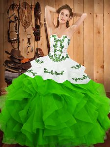 Fabulous Green Ball Gowns Satin and Organza Strapless Sleeveless Embroidery and Ruffles Floor Length Lace Up Quinceanera