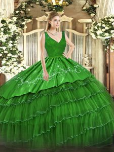 Green Satin and Tulle Zipper V-neck Sleeveless Floor Length Sweet 16 Quinceanera Dress Beading and Embroidery and Ruffle