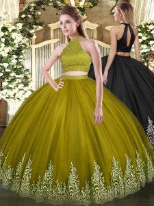 Dynamic Olive Green Tulle Backless Halter Top Sleeveless Floor Length Ball Gown Prom Dress Beading and Appliques