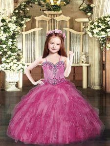 Customized Spaghetti Straps Sleeveless Lace Up Little Girls Pageant Gowns Hot Pink Tulle