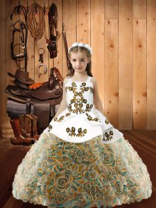 Eye-catching Sleeveless Fabric With Rolling Flowers Floor Length Lace Up Child Pageant Dress in Multi-color with Embroid