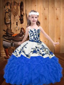 Blue Organza Lace Up Kids Pageant Dress Sleeveless Floor Length Embroidery and Ruffles