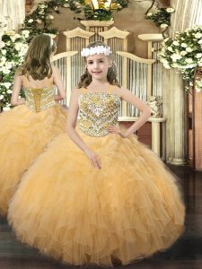 Best Floor Length Gold Pageant Dress for Girls Straps Sleeveless Lace Up