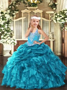 Teal Ball Gowns Organza V-neck Sleeveless Beading and Ruffles and Pick Ups Floor Length Lace Up Pageant Dresses
