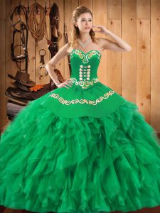Perfect Floor Length Green Vestidos de Quinceanera Satin and Organza Sleeveless Embroidery and Ruffles