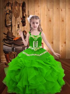 Straps Sleeveless Pageant Dress Womens Floor Length Embroidery and Ruffles Green Organza
