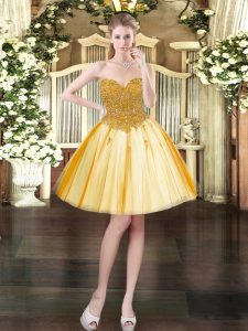 Fancy Gold Ball Gowns Sweetheart Sleeveless Tulle Mini Length Lace Up Beading Prom Party Dress