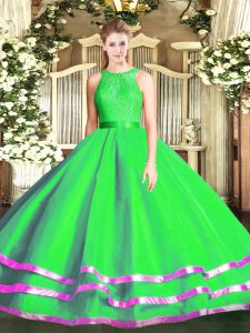 Top Selling Sleeveless Tulle Floor Length Zipper Quinceanera Dresses in Green with Lace