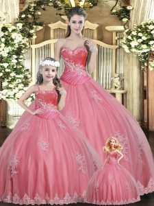 Fabulous Watermelon Red Tulle Lace Up Quinceanera Gowns Sleeveless Floor Length Beading