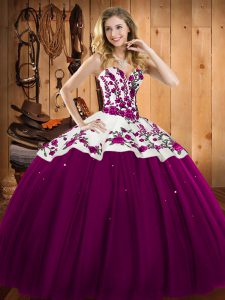 Fuchsia Ball Gowns Sweetheart Sleeveless Satin and Tulle Floor Length Lace Up Embroidery Vestidos de Quinceanera