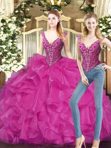 Organza V-neck Sleeveless Lace Up Ruffles Quinceanera Gown in Fuchsia