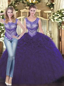 Purple Lace Up Scoop Beading and Ruffles Quinceanera Gowns Tulle Sleeveless