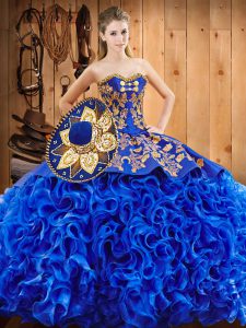 Low Price Royal Blue Sleeveless Fabric With Rolling Flowers Court Train Lace Up Quinceanera Dresses for Military Ball an