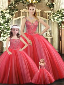 Beauteous Coral Red Tulle Lace Up Straps Sleeveless Floor Length Ball Gown Prom Dress Beading