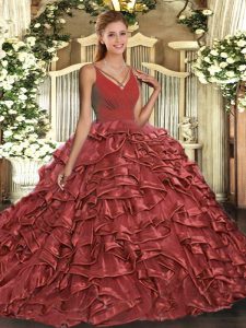 Luxury Rust Red Sleeveless Organza Sweep Train Backless Quinceanera Dress for Military Ball and Sweet 16 and Quinceanera