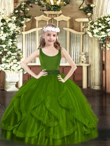 Ball Gowns Little Girl Pageant Gowns Olive Green Scoop Tulle Sleeveless Floor Length Zipper