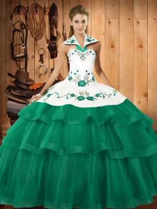 Decent Turquoise Halter Top Neckline Embroidery and Ruffled Layers 15th Birthday Dress Sleeveless Lace Up