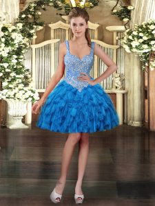Blue Ball Gowns Beading and Ruffles Custom Made Lace Up Organza Sleeveless Mini Length