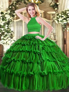 Halter Top Sleeveless Organza Ball Gown Prom Dress Beading and Ruffled Layers Backless