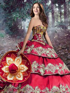Red Sweetheart Lace Up Embroidery and Ruffled Layers 15 Quinceanera Dress Sleeveless