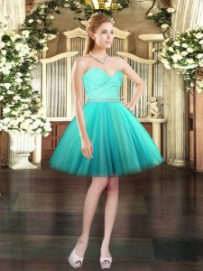 Affordable Aqua Blue Tulle Lace Up Sweetheart Sleeveless Mini Length Prom Dress Beading and Lace