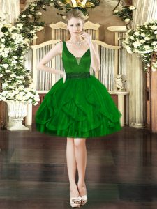 Dark Green Tulle Lace Up V-neck Sleeveless Mini Length Hoco Dress Beading and Ruffles