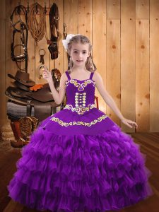 Customized Purple Straps Neckline Beading and Embroidery and Ruffled Layers Pageant Dress for Girls Sleeveless Lace Up
