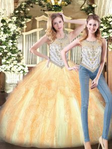 Floor Length Zipper Sweet 16 Quinceanera Dress Gold for Military Ball and Sweet 16 and Quinceanera with Beading and Ruff