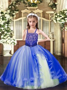 Ball Gowns Kids Pageant Dress Royal Blue Straps Tulle Sleeveless Floor Length Lace Up