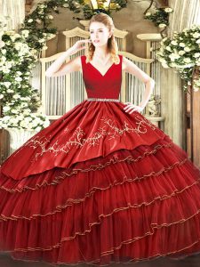 Edgy Floor Length Wine Red Vestidos de Quinceanera Organza Sleeveless Embroidery and Ruffled Layers