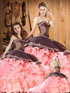 Excellent Lace Up Quince Ball Gowns Pink for Military Ball and Sweet 16 and Quinceanera with Embroidery and Ruffles Cour
