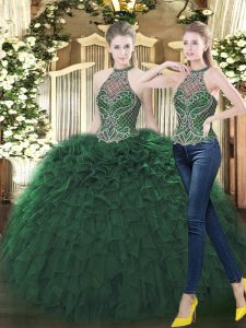 Sleeveless Organza Floor Length Lace Up Quinceanera Dress in Dark Green with Beading and Ruffles