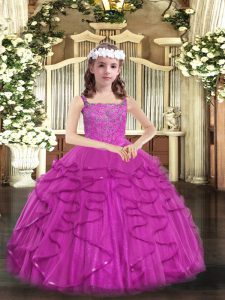 Fuchsia Lace Up High School Pageant Dress Beading and Ruffles Sleeveless Floor Length