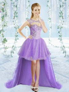 Stylish Lavender Scoop Neckline Beading Party Dress for Toddlers Sleeveless Lace Up